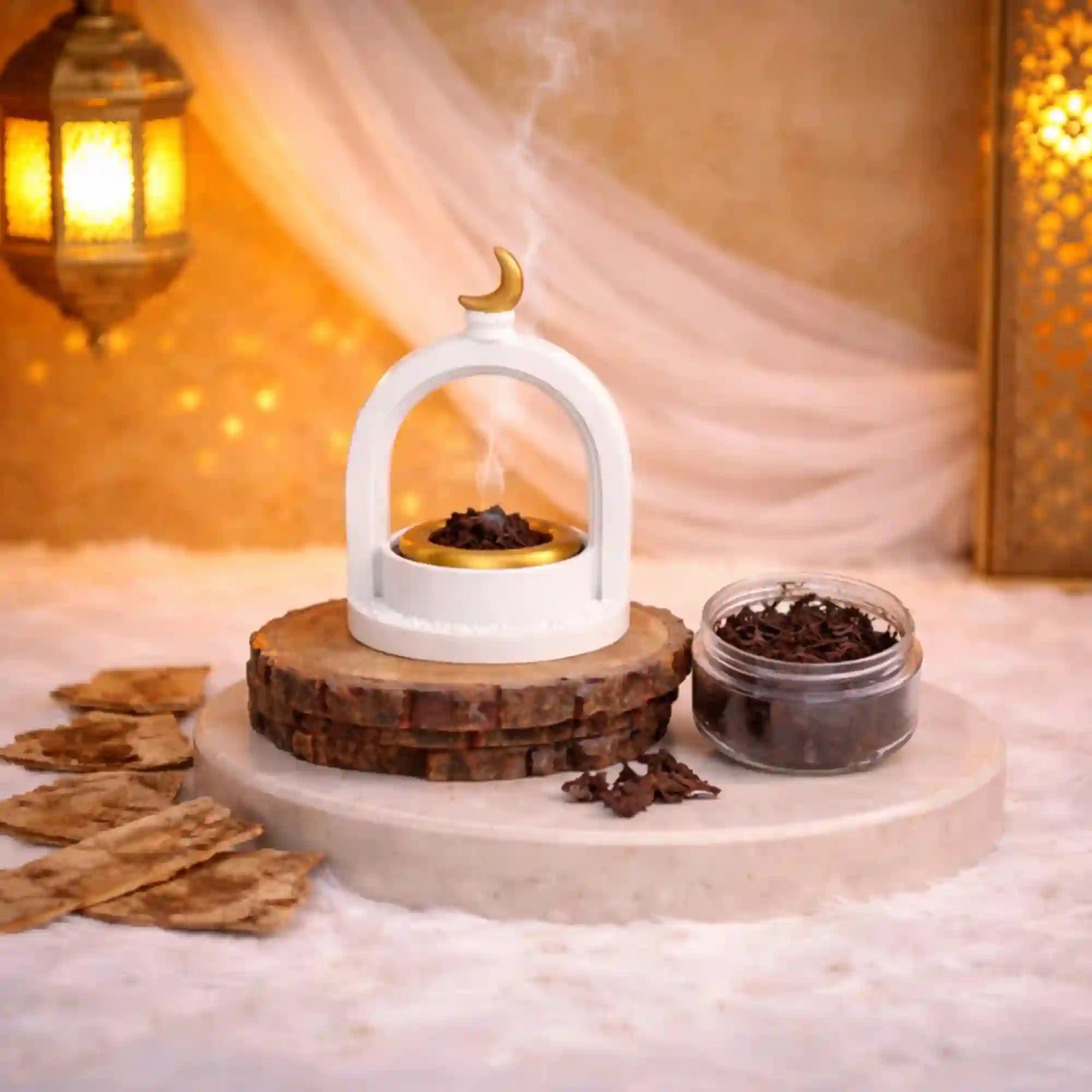 Pearl Crescent Burner - Bakhoor Burner in white and gold with crescent top, placed on wooden stand, ideal for Ramadan & Eid home fragrance decor. Main image