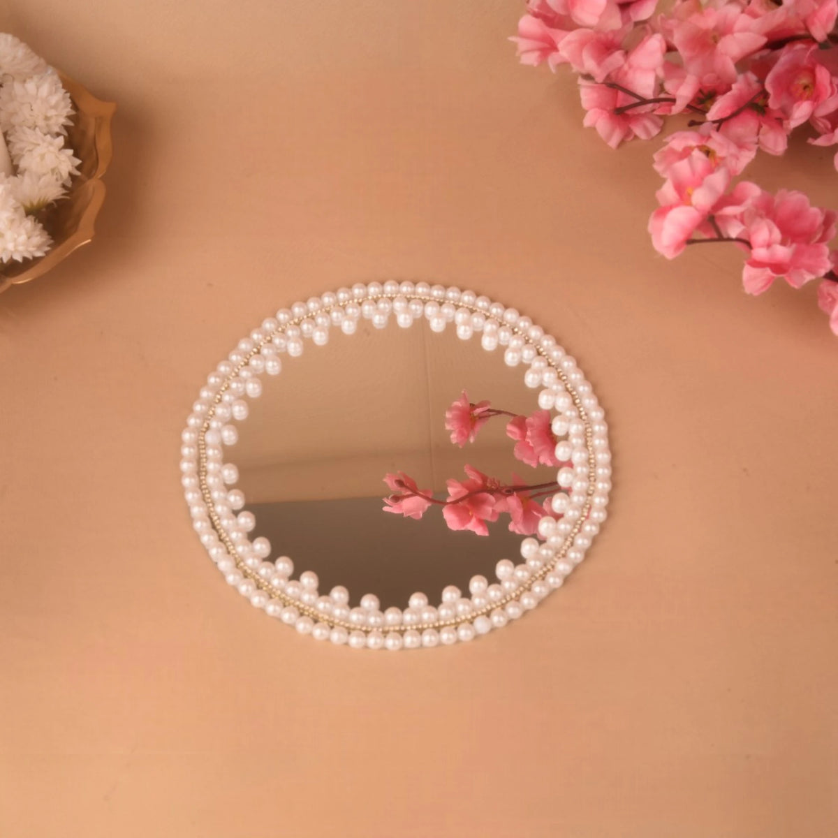 Round mirrored tray with pearl border from the Doodh Pilayi Glass Set - Bridal Edition, designed for ceremonial drinkware presentation.