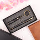 Elegant black pen and keychain set with personalized engraving in gift box