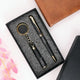 Gift set of engraved black pen and keychain in foam-lined box