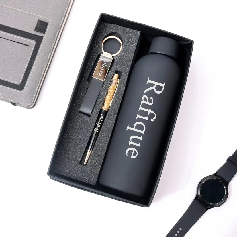 Personalized keychain, pen, and bottle gift set in black box Main image