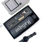 Gift set with personalized keychain, pen, and bottle in black box
