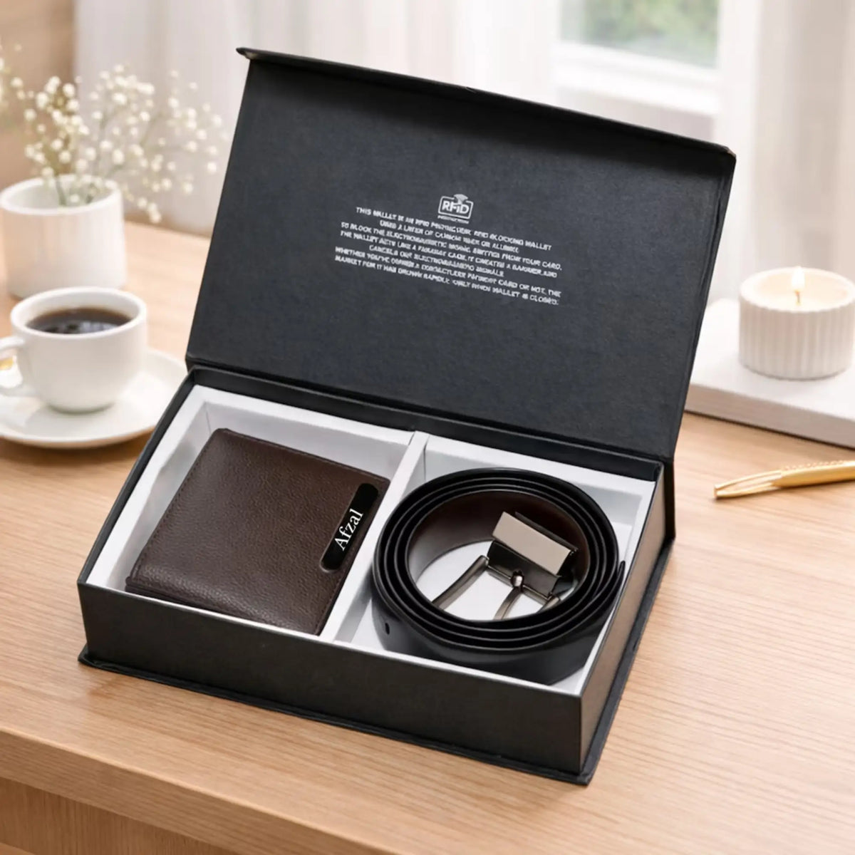 Black leather wallet and belt gift set in box