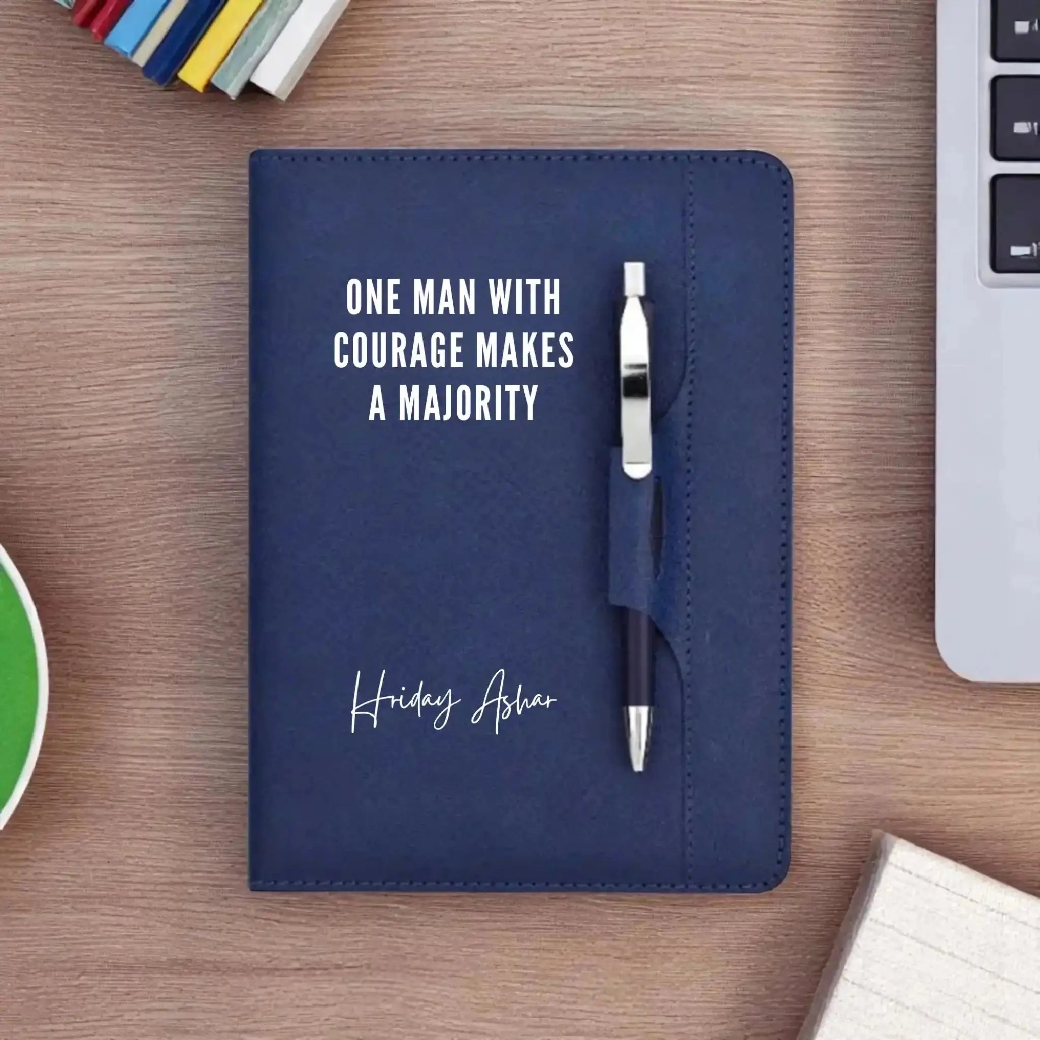 Lead with Courage Notebook - Blue Pen Set | A5, Non-Dated diary with quote 'One man with courage makes a majority' and personalized name on cover. Main image