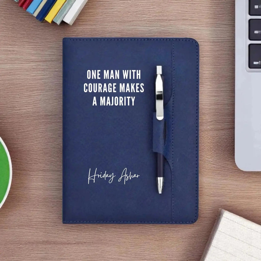 Lead with Courage Notebook - Blue Pen Set | A5, Non-Dated diary with quote 'One man with courage makes a majority' and personalized name on cover. Main image