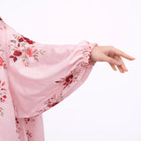 Sleeve detail of Pink Floral Cotton Namaz Makhna with red floral print and gathered elastic wrist for comfortable modest wear.