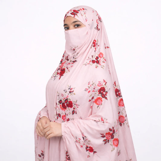 Side view of Pink Floral Knee Length Printed Cotton Namaz Makhna featuring modest fit and breathable fabric for religious use.