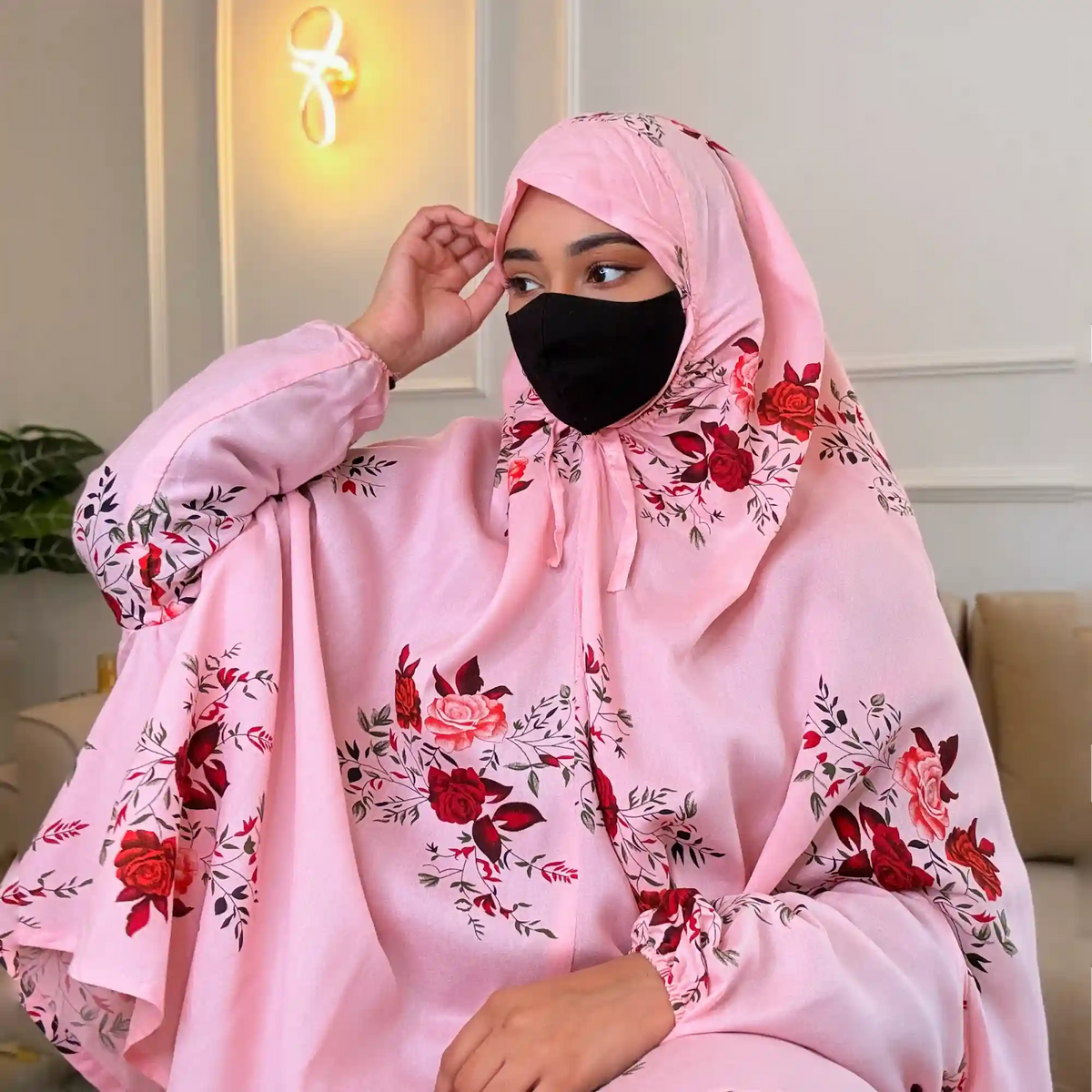 Pink Floral Full Length Printed Cotton Namaz Makhna