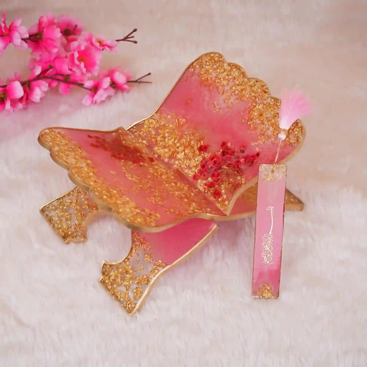Pink Floral Pearl Gift Hamper featuring a handcrafted pink and gold Rehal with matching bookmark, part of the Premium Quran Gift Set Online.