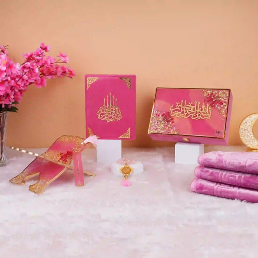 Pink Floral Pearl Gift Hamper featuring a premium Quran set with Rehal, Tasbeeh, and prayer essentials. Ideal Sawab-e-Jariya gift for women.