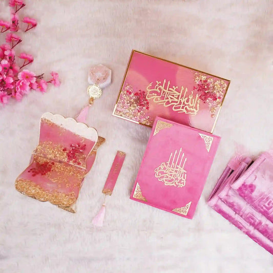 Pink Floral Pearl Gift Hamper featuring a premium Quran set with Rehal, Tasbeeh, and bookmark, ideal for Sawab-e-Jariya and spiritual gifting.