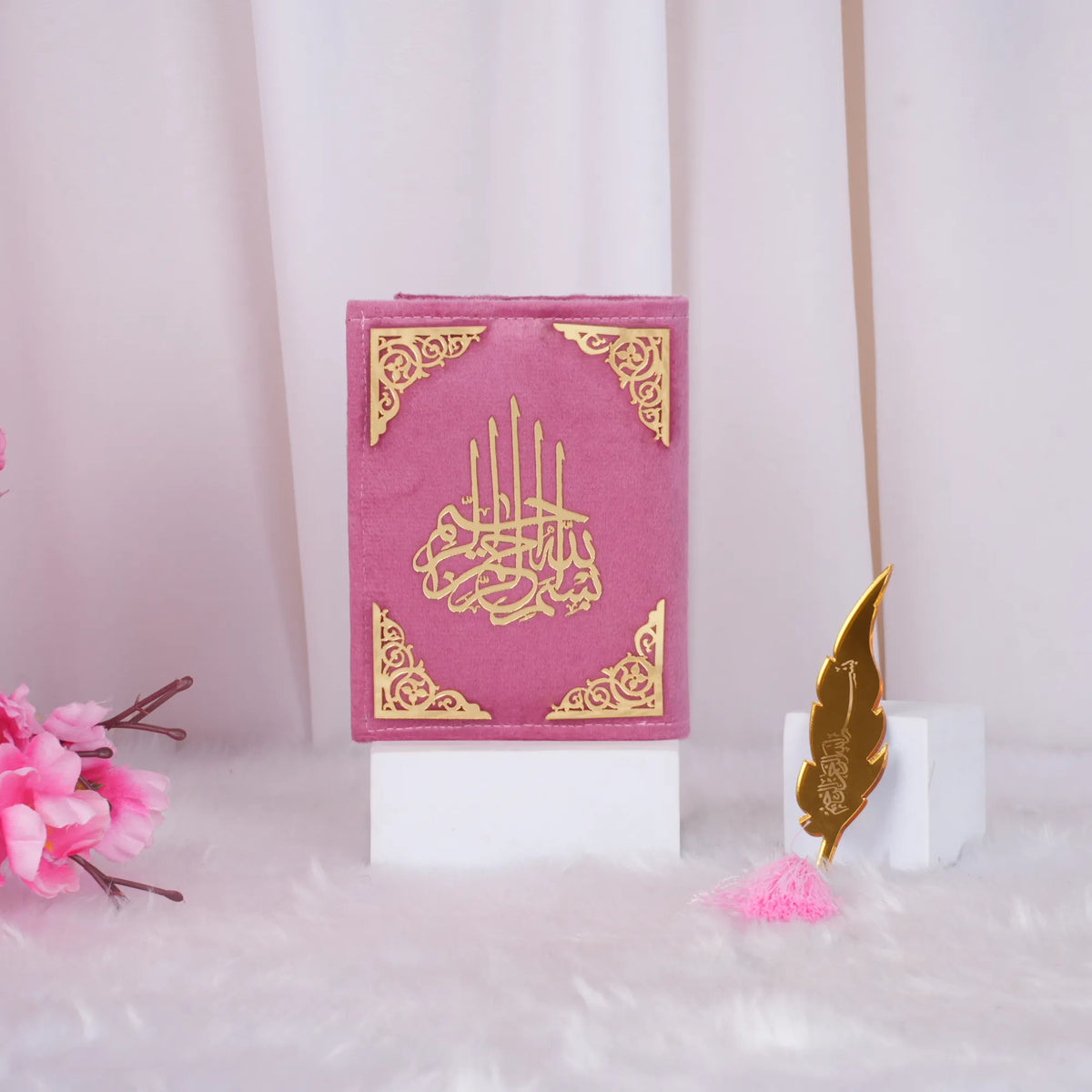Pink Mini Quran with Feather Bookmark