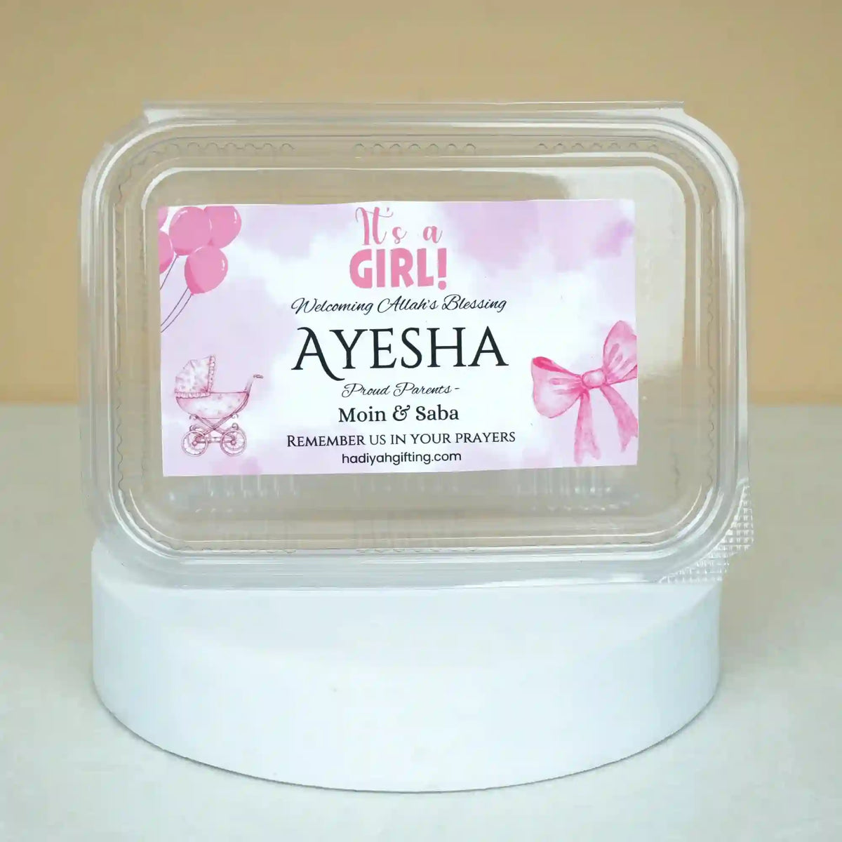 Aqiqah Meat Boxes Pack of 12 with personalized label for baby girl Ayesha, ideal for hygienic meat distribution as wedding favors or food gifts.