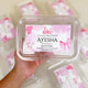 Aqiqah Meat Boxes Pack of 12 with custom label for baby girl Ayesha, ideal for hygienic meat distribution as wedding favors or food gifts.