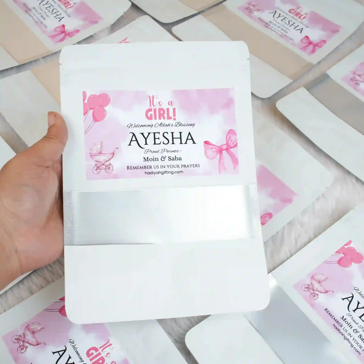 Aqiqah Meat Packets - meat packet | 12 units, customisation for baby girl celebration with pink-themed label and personalized name Ayesha.