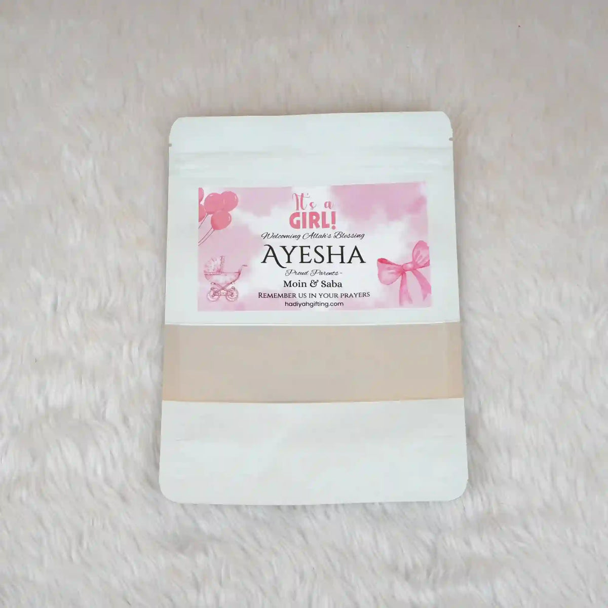 Aqiqah Meat Packets - meat packet | 12 units, customisation with pink 'It's a Girl' label, ideal for wedding favors and Aqiqah gift baskets.