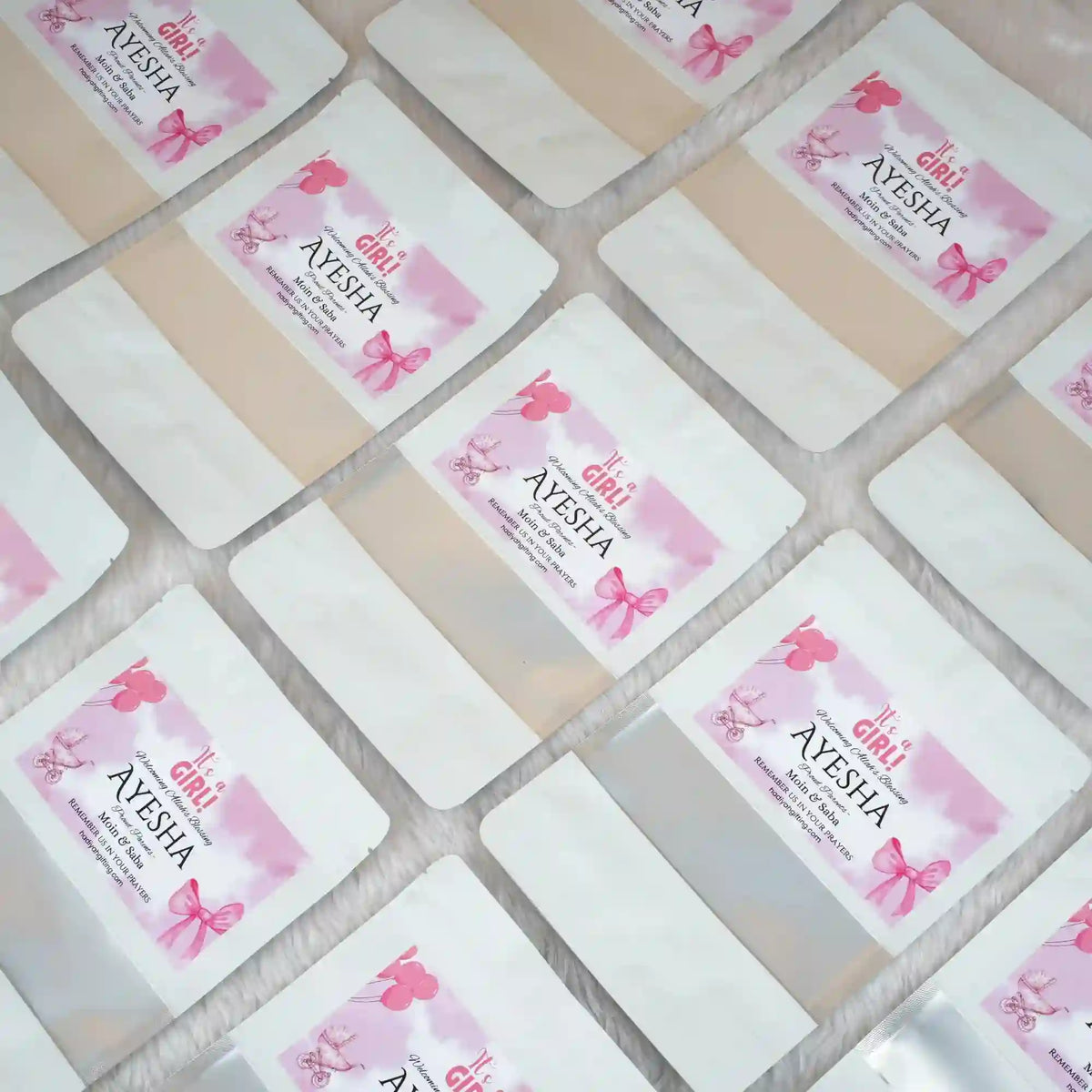 Aqiqah Meat Packets - meat packet | 12 units, customisation for baby girl Ayesha with pink-themed labels, ideal wedding favors and food gifts.