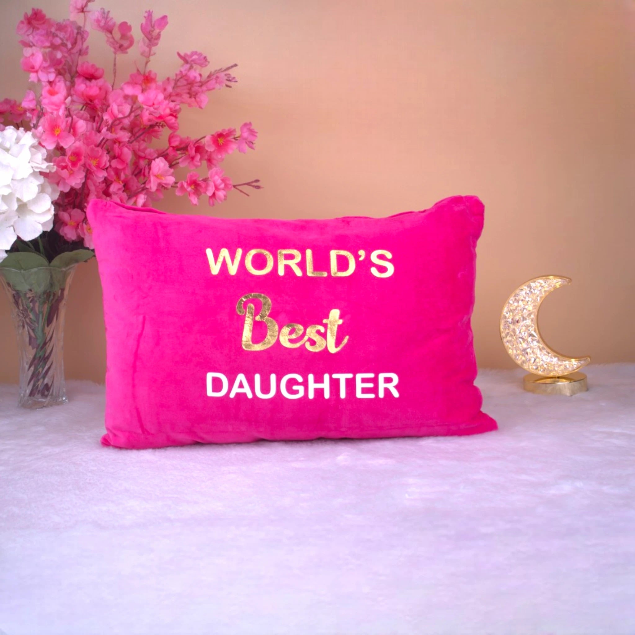 Daughter Personalized Velvet Cushion - Unique Gift in pink with 'World's Best Daughter' text, ideal for home decor or heartfelt gifting. Main image