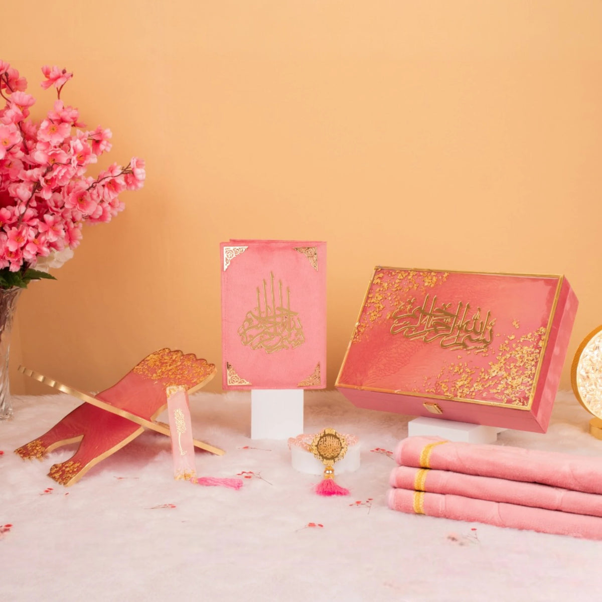 Sawab-e-Jariya bridal gift hamper with pink velvet Quran, engraved box, tasbih, and prayer mat. Ideal for Nikkah and Islamic wedding gifts.