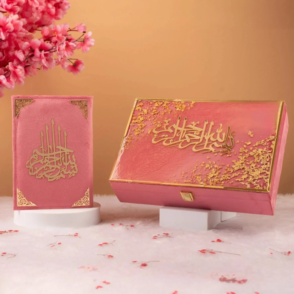 Bridal Quran gift set with pink velvet Quran and gold-accented designer box. A luxurious Sawab-e-Jariya gift for Nikkah ceremonies.