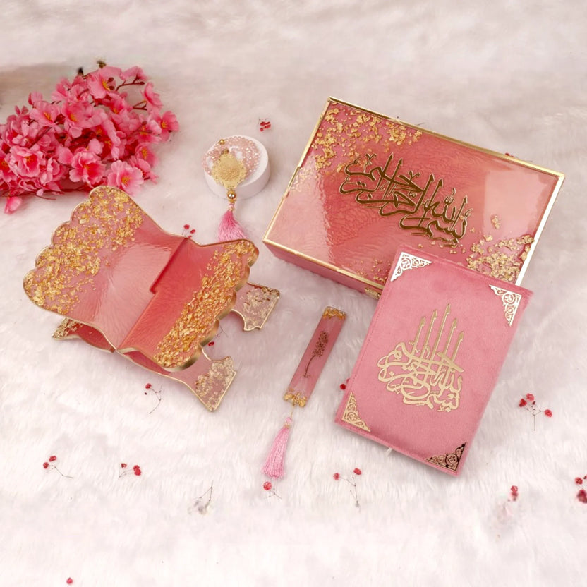 Pink Flakes Rehal Bridal Gift set featuring a velvet Quran, gold-detailed Rehal, and decorative box. Ideal for Islamic bridal gifting. Main image