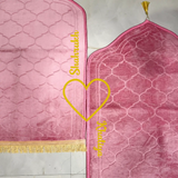 Close-up of personalized Couple Janamaz with heart and names, showcasing intricate dome pattern. Ideal for bridal or wedding gifts.