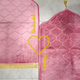 Close-up of personalized Couple Janamaz with heart and names, showcasing intricate dome pattern. Ideal for bridal or wedding gifts.