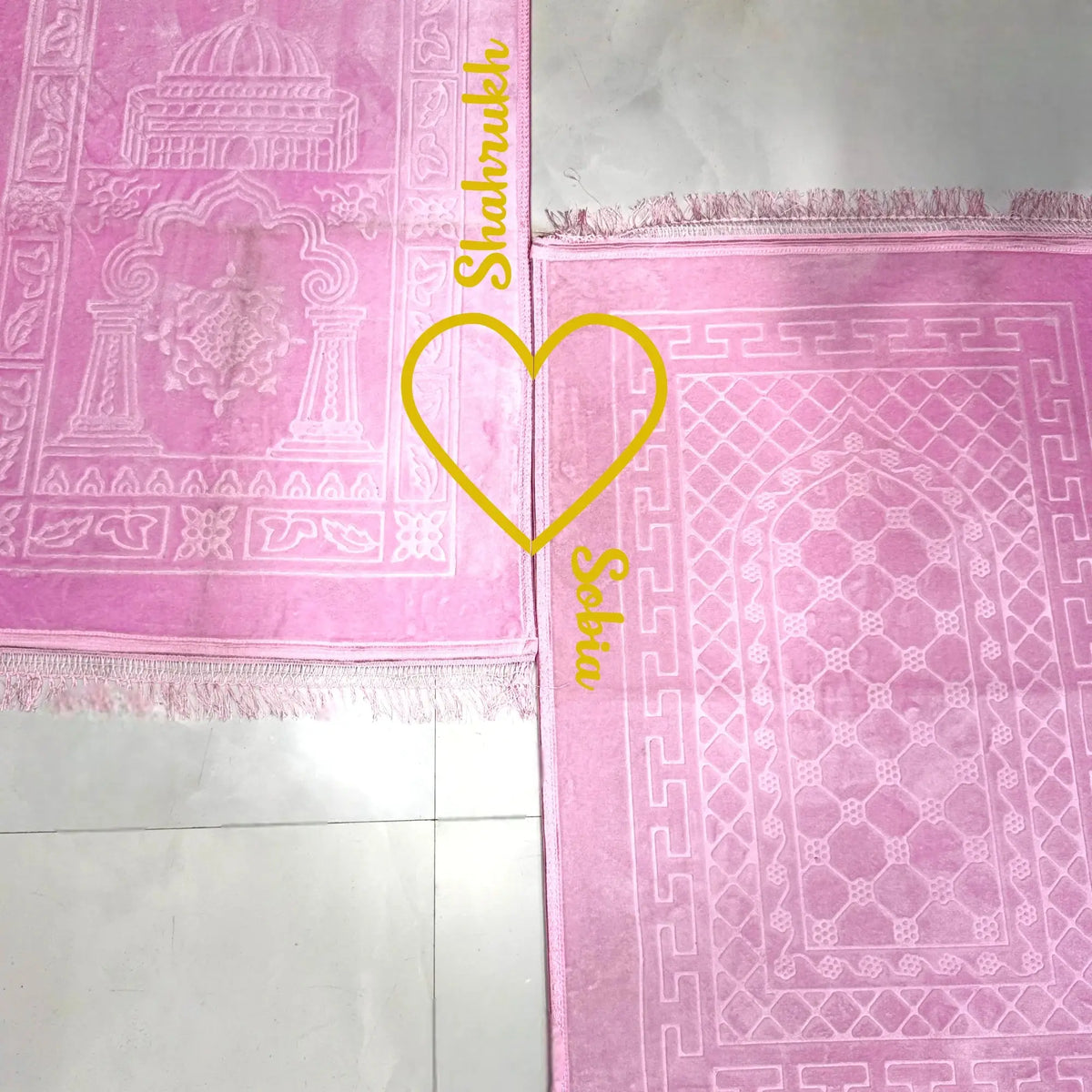 Personalized Couple Janamaz Set featuring names and heart motif, soft pink prayer mats perfect for bridal gifts and religious ceremonies.