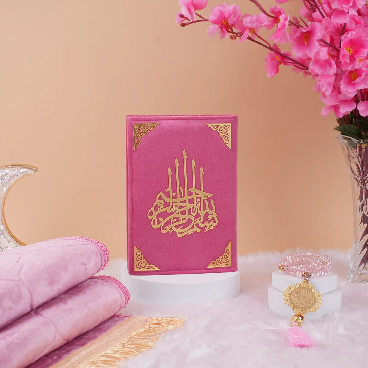 Custom Pink Salah Hamper featuring Quran on pedestal, soft pink prayer mat, and crystal Tasbeeh. Perfect for Ramadan or Eid gifting.