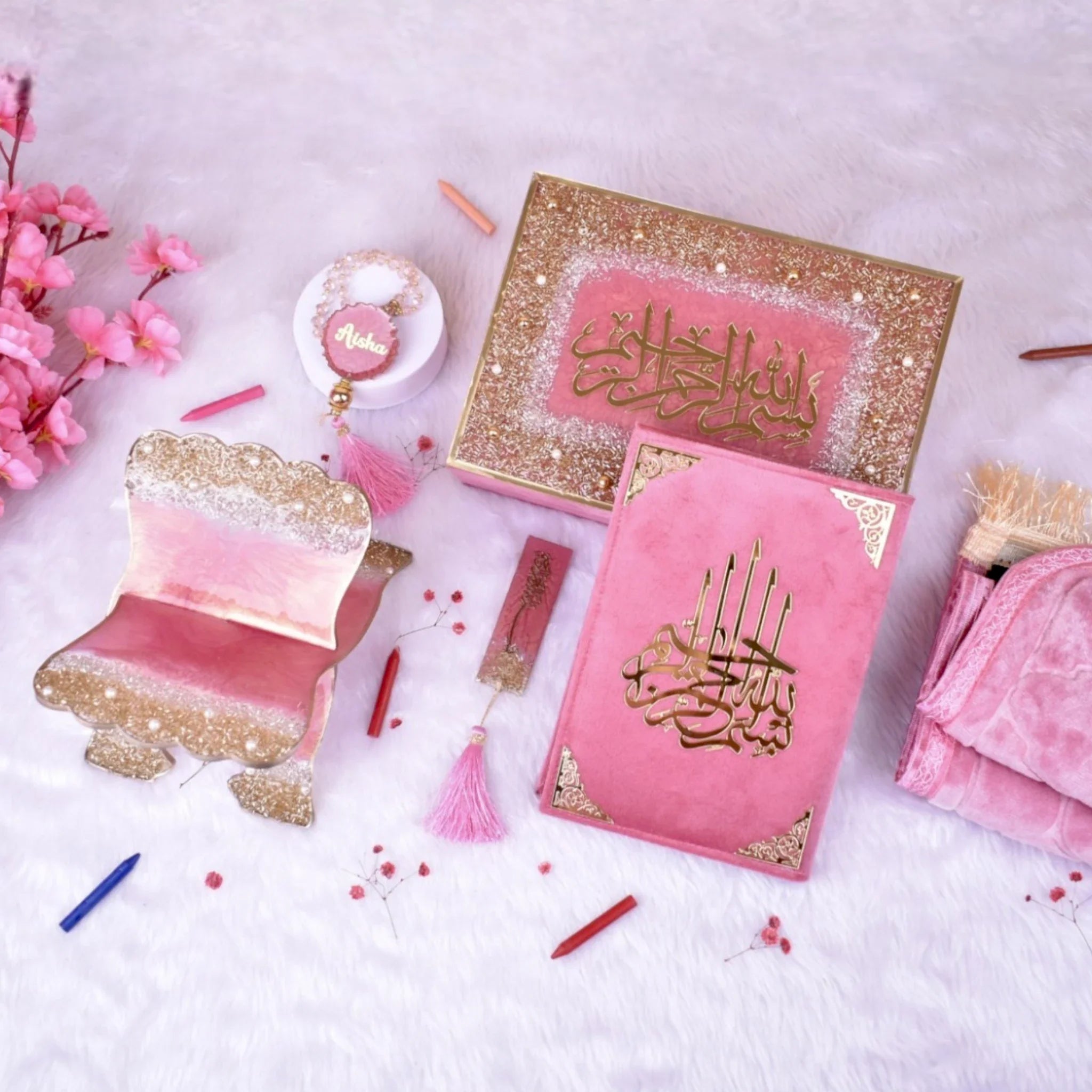 Kid's Quran Gift Set in pink with personalized tasbeeh, prayer mat, and Bismillah box. Ideal kids faith gift hamper for Bismillah ceremony or Eid. Main image