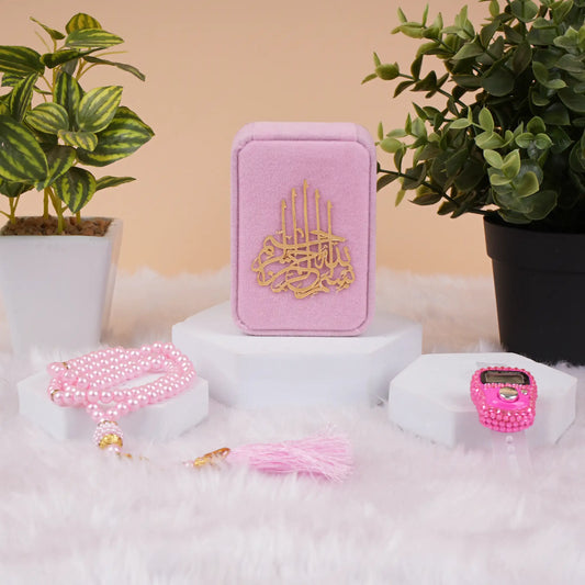 Velvet Tasbeeh Combo featuring a pink velvet box with golden Arabic calligraphy, pearl tasbeeh, and digital counter, ideal for religious gifting.