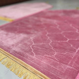 Side view of Dome Prayer Mats in pink tones with golden fringe, highlighting soft, durable fabric. Perfect for couple prayer rituals.
