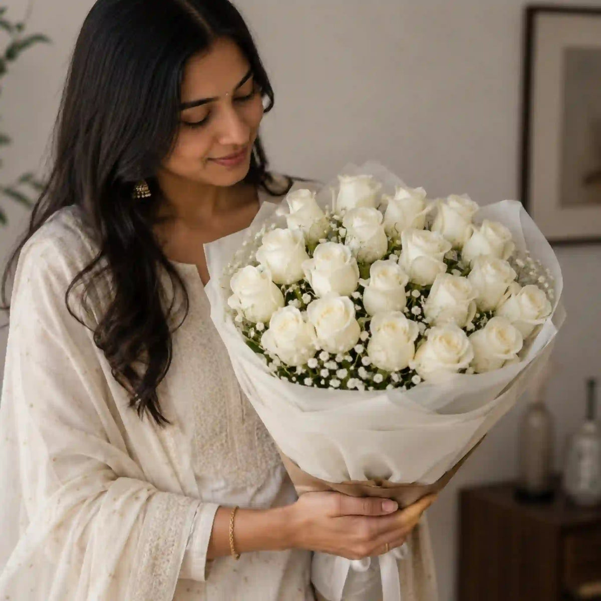 Power of Wishes White Roses Bouquet — detail of the flowers and wrapping