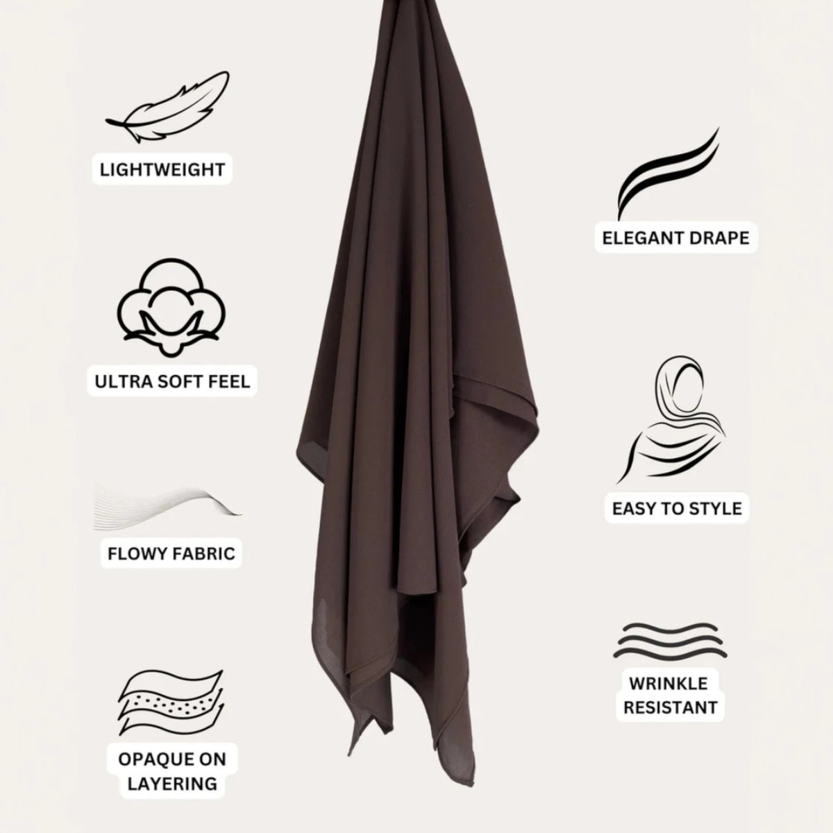 Cocoa Chic Chiffon Hijab with icons showing features like lightweight, wrinkle-resistant, easy to style, and ultra-soft fabric.