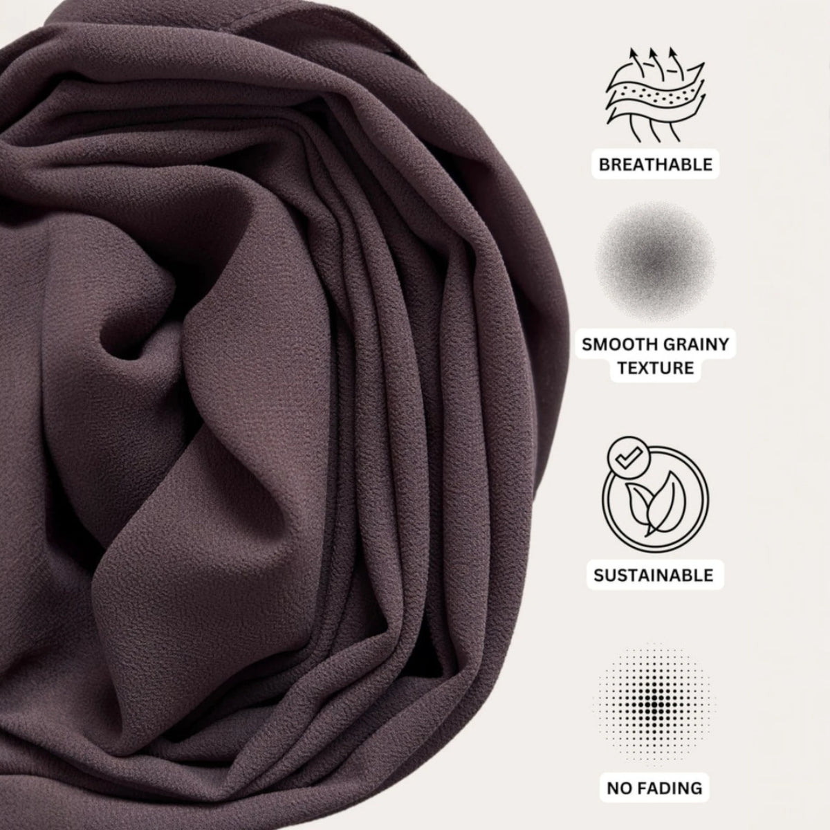Rolled Cocoa Chic Chiffon Hijab with icons highlighting breathable, sustainable, smooth texture and no fading features.