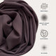 Rolled Cocoa Chic Chiffon Hijab with icons highlighting breathable, sustainable, smooth texture and no fading features.