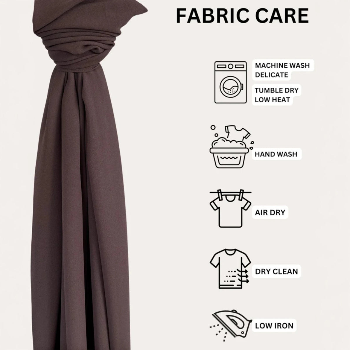 Cocoa Chic Chiffon Hijab fabric care guide with icons for machine wash, tumble dry, hand wash, air dry, dry clean, and low iron instructions.
