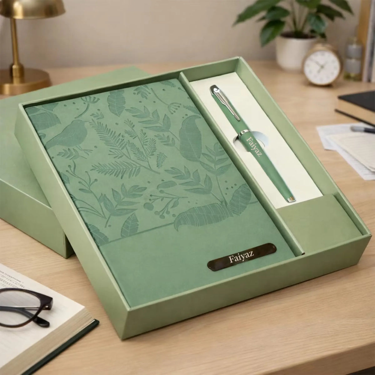 Personalized green notebook with pen set in gift box