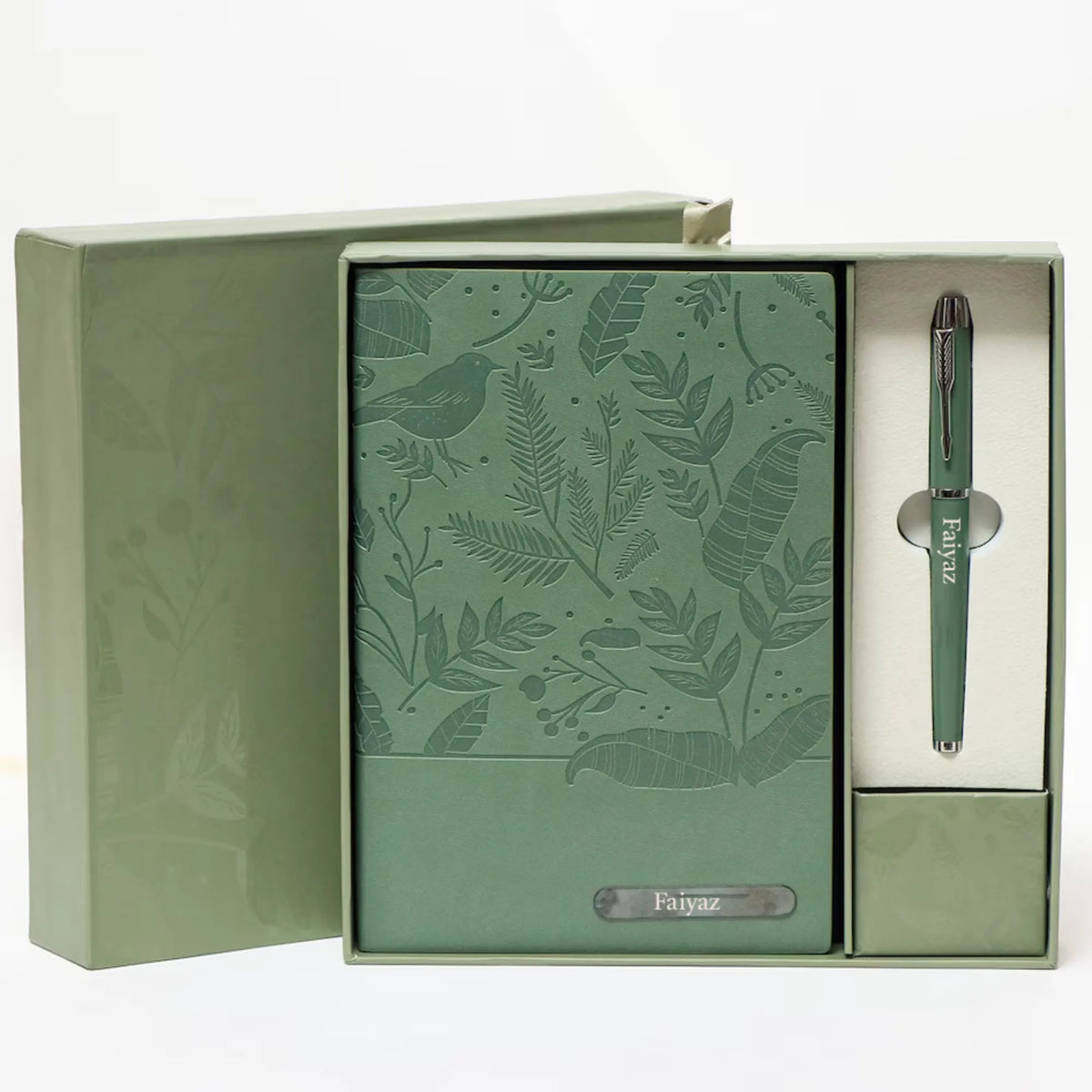 Elegant green journal with matching pen in gift box