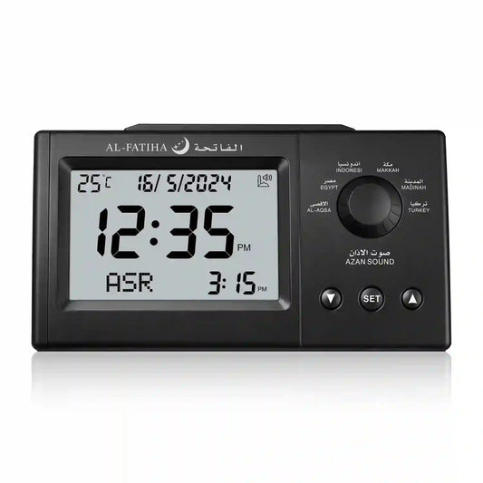 Front view of Premium Azaan Desk Clock - Al Fatiha with large LCD screen showing prayer time, date, temperature, and multiple city settings.