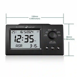Premium Azaan Desk Clock - Al Fatiha with dimensions labeled, highlighting compact size and multifunctional Islamic prayer time features.