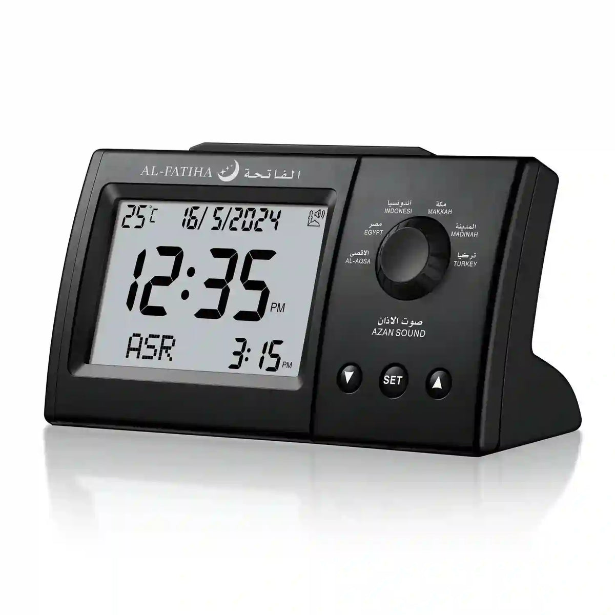 Angled view of Premium Azaan Desk Clock - Al Fatiha showcasing its sleek black design, control buttons, and clear digital display.