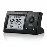 Angled view of Premium Azaan Desk Clock - Al Fatiha showcasing its sleek black design, control buttons, and clear digital display.