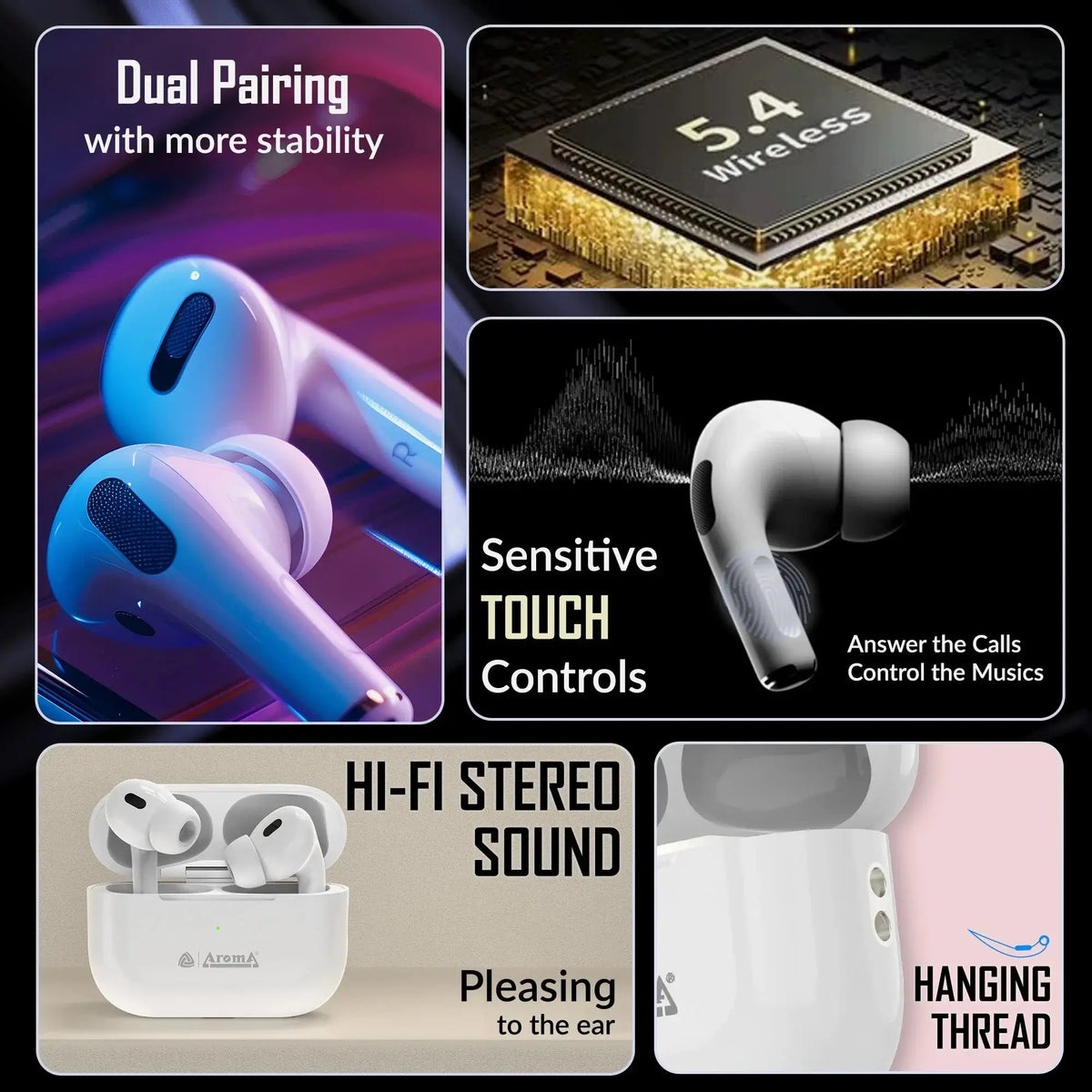 Pro Pods Wireless Earbuds features infographic showing dual pairing, 5.4 wireless chip, touch controls, hi-fi stereo sound, and hanging thread design.