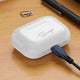 Pro Pods Wireless Earbuds charging case engraved with 'Saumya' connected via USB cable, highlighting compact design and portability.