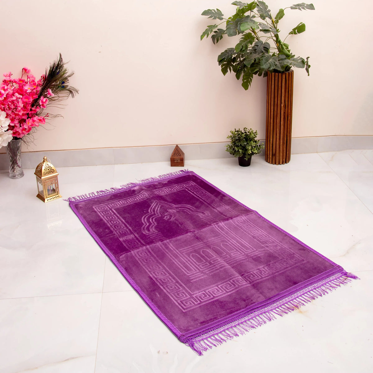 Purple Rectangle Janamaz - Custom Prayer Rug in velvet with mosque design, ideal for Ramadan and Eid gifting. Soft texture for daily religious use.