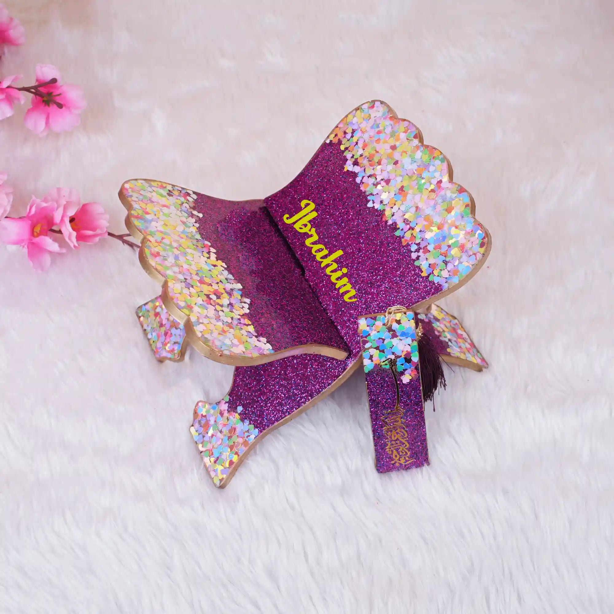 Purple Kids Glitter Collection Ibadah Gift Set with personalized name 'Ibrahim' on a sparkly Quran stand, ideal for Ramadan & EID gifts for kids.