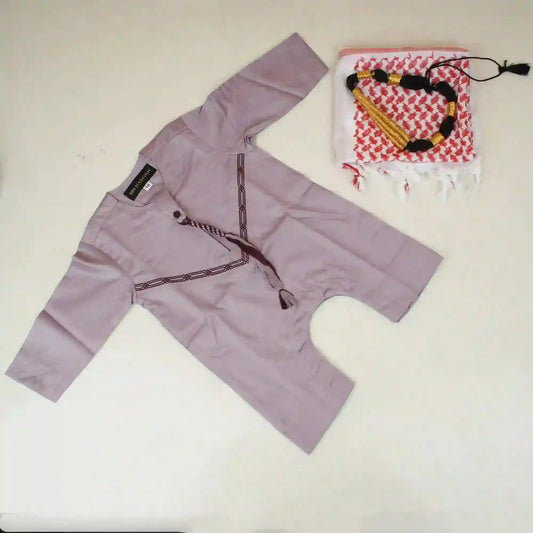 Purple Omani Thobe Romper Set for Baby Boys with tassel detail and matching accessories, ideal for Ramadan and Eid celebrations in Islamic kids wear.