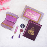Purple Bling Collection Rehal Hamper – premium velvet Quran gift set with designer box, rehal and crystal acrylic tasbeeh for Islamic gifting