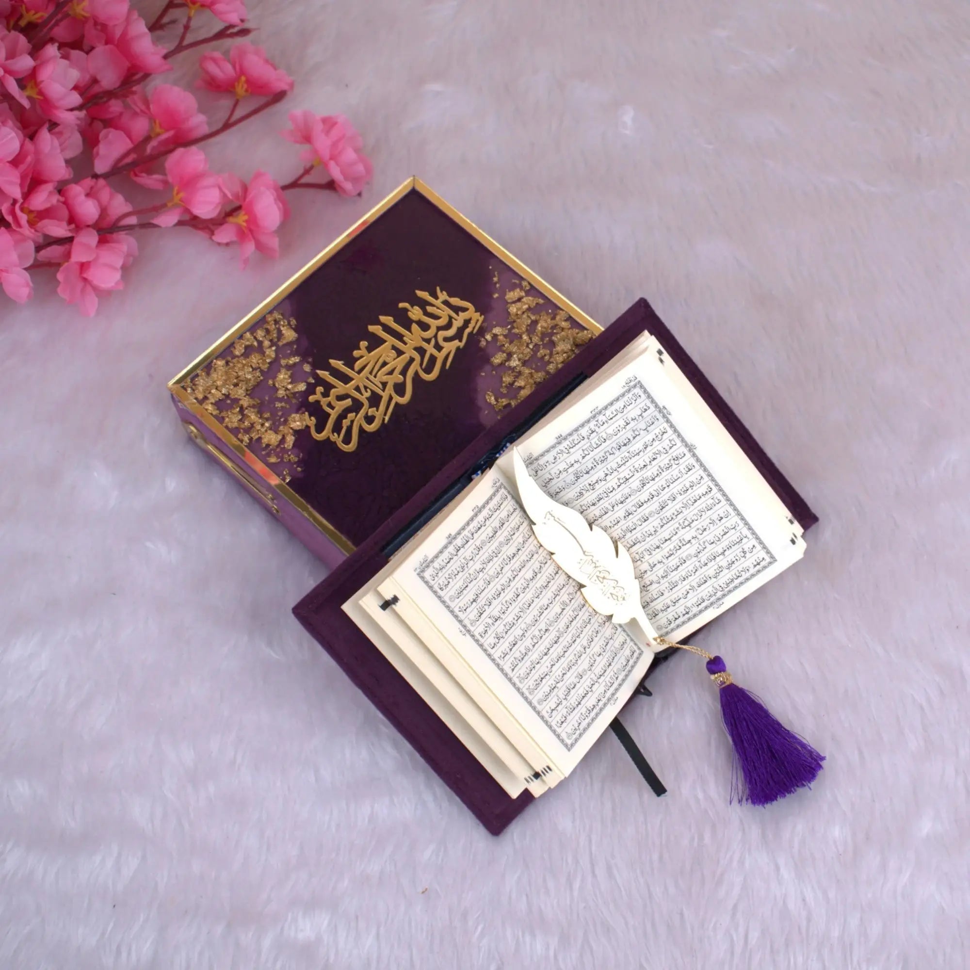 Velvet Mini Quran Box with open Purple Flakes Mini Tilawat-e-Quran and feather bookmark, ideal handmade Islamic gift from India. Main image